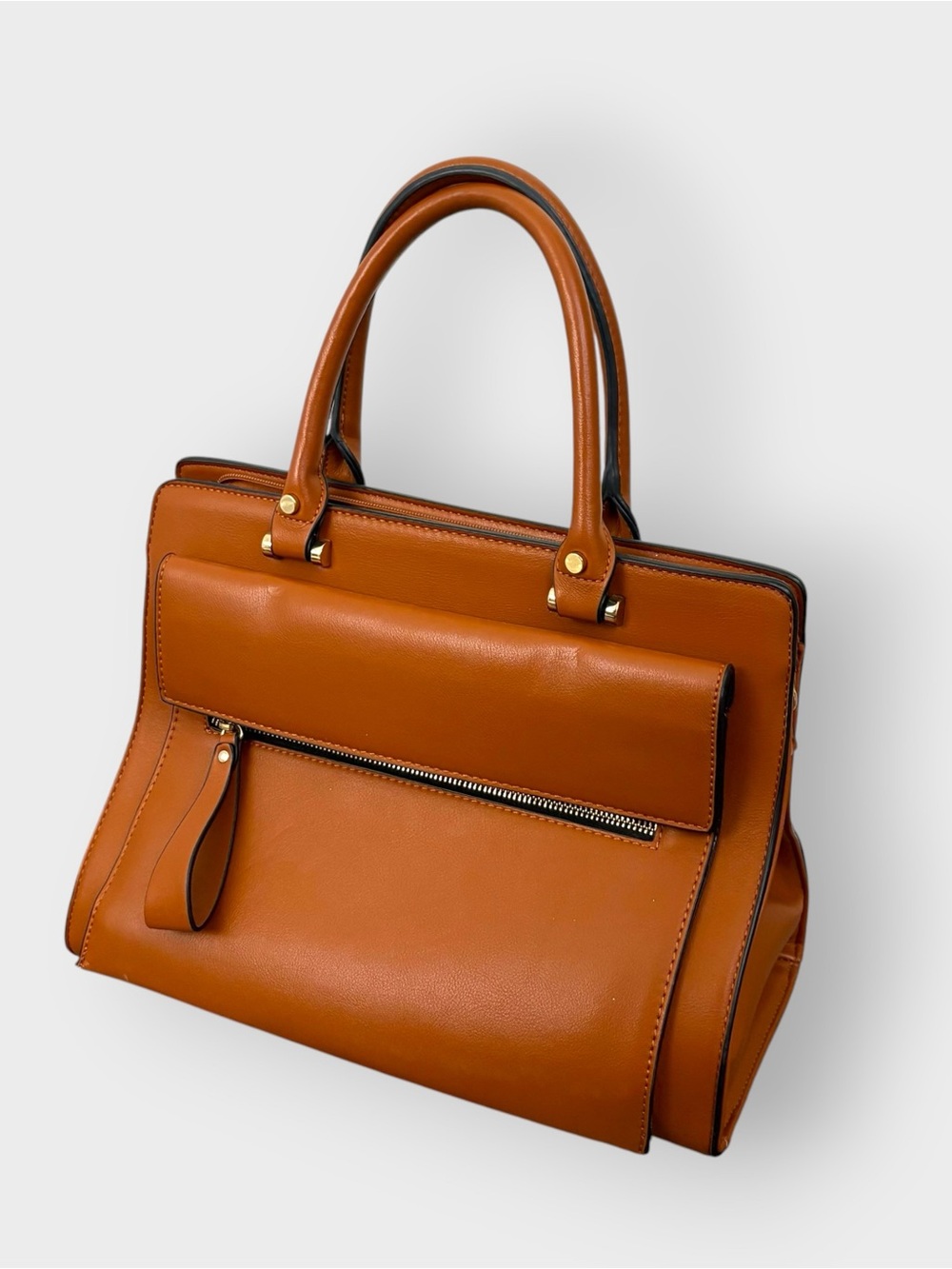 Caramel Brown Medium Structured Top Handle Bag - Multi-pocket